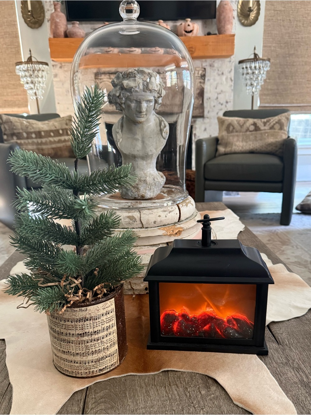 Bundle of 2 Faux Pine Tree in Handmade Bucket Faux Battery Operated Fireplace